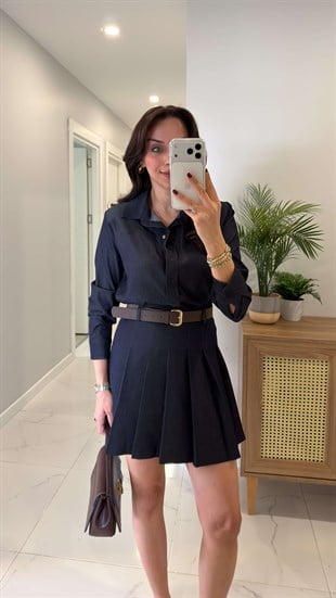 Willedra Koyu Lacivert Gömlek Etekli Kemerli Tencel Takım