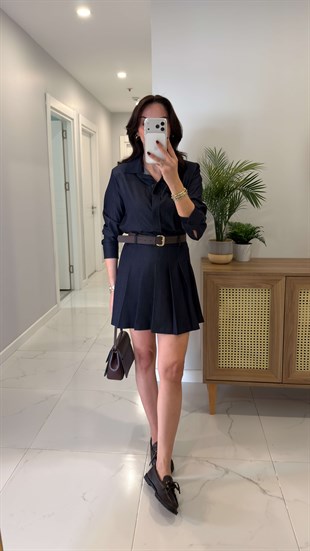 Willedra Koyu Lacivert Gömlek Etekli Kemerli Tencel Takım