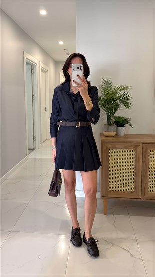 Willedra Koyu Lacivert Gömlek Etekli Kemerli Tencel Takım