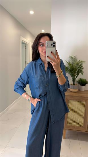 Winila Mavi Yumuşak Dokulu Gömlek Pantolon Takım