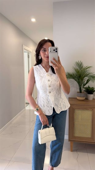 Winks Ekru Çiçek Desenli Astarlı Yelek