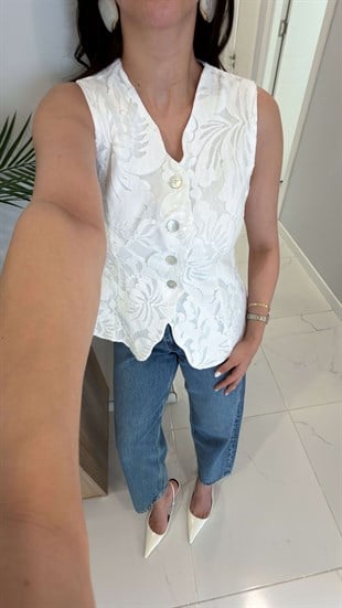 Winks Ekru Çiçek Desenli Astarlı Yelek