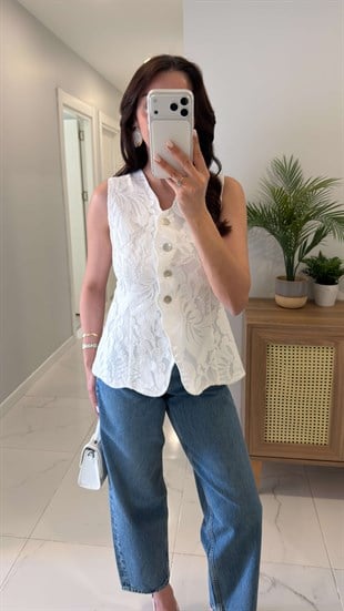 Winks Ekru Çiçek Desenli Astarlı Yelek