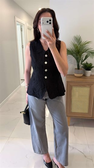 Winks Siyah Çiçek Desenli Astarlı Yelek