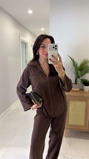 Winna Kahve Kontrast Dikişli Tensel Takım
