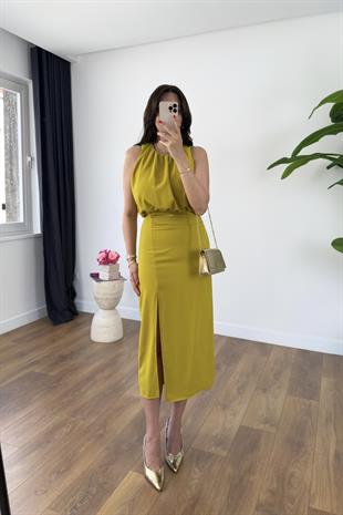 Winnie Olive Drapeli Yırtmaç Detaylı Elbise