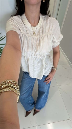 Wioyte Bej Belden Büzgülü Bluz