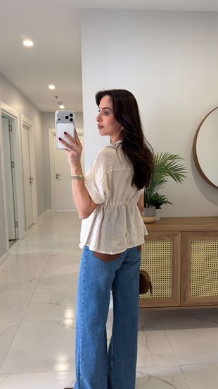 Wioyte Bej Belden Büzgülü Bluz