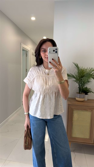 Wioyte Bej Belden Büzgülü Bluz