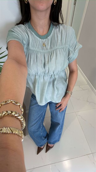 Wioyte Yeşil Belden Büzgülü Bluz