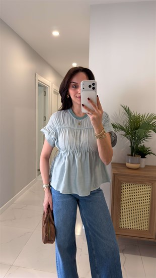 Wioyte Yeşil Belden Büzgülü Bluz