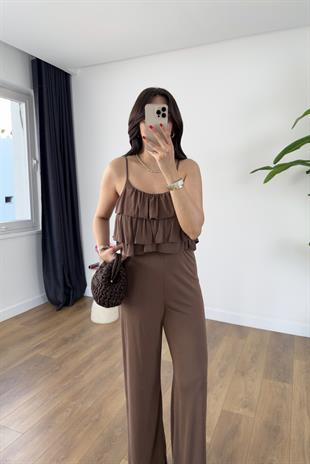 Wish Kahve Askı Ayarlanabilir Bluz Pantolon Takım
