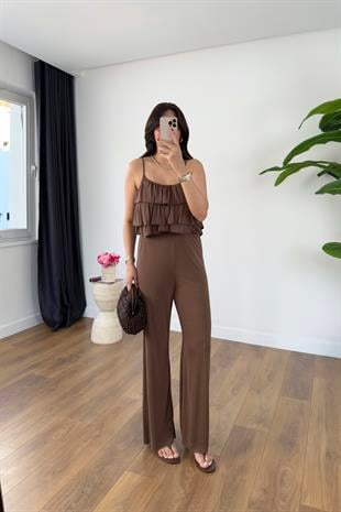 Wish Kahve Askı Ayarlanabilir Bluz Pantolon Takım