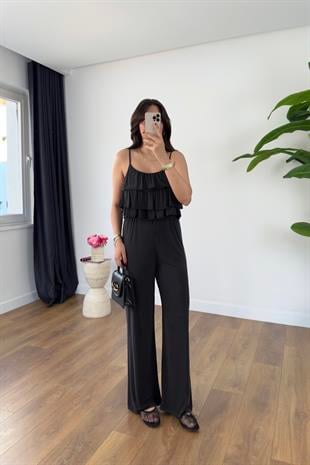 Wish Siyah Askı Ayarlanabilir Bluz Pantolon Takım