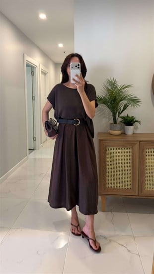 Witra Kahve Kemerli Tensel Midi Pantolon