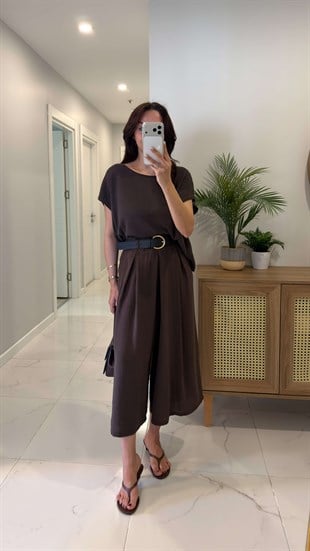 Witra Kahve Kemerli Tensel Midi Pantolon