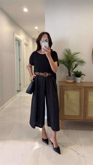 Witra Siyah Kemerli Tensel Midi Pantolon