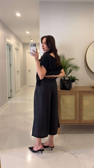 Witra Siyah Kemerli Tensel Midi Pantolon