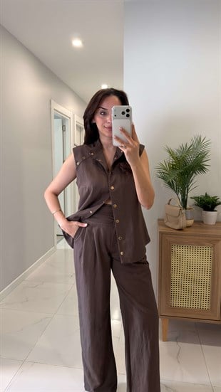 Woley Kahve Kuş Gözü Detaylı Yelek Pantolon Takım