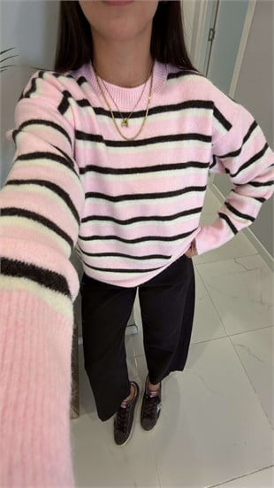 Wonel Pembe Ekru Çizgili Triko