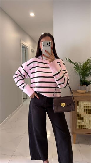 Wonel Pembe Ekru Çizgili Triko