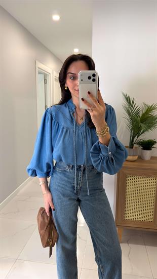 Wonela Mavi Oversıze Denim Gömlek