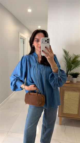 Wonela Mavi Oversıze Denim Gömlek