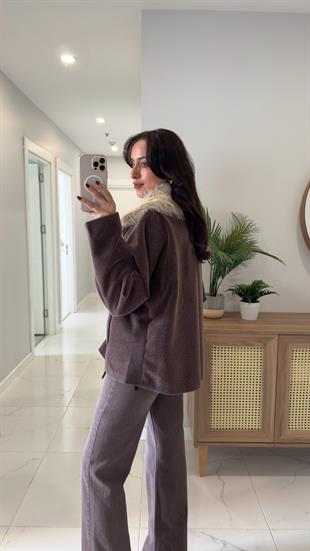 Wosla Kahve Çıkarılabilir Kürklü Kaşe Ceket