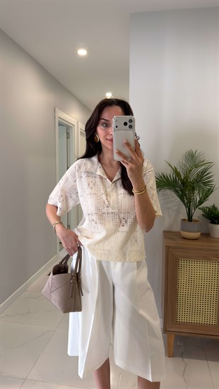 Wudry Ekru Dantel Detaylı Bluz