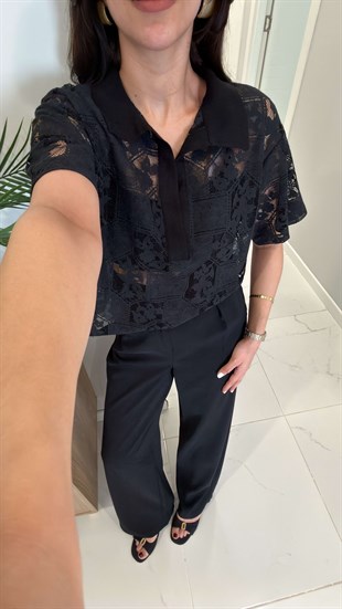 Wudry Siyah Dantel Detaylı Bluz