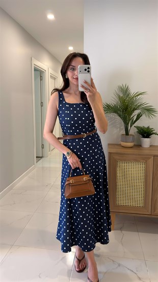 Wusiter Lacivert Puantiyeli Kemer Detaylı Elbise