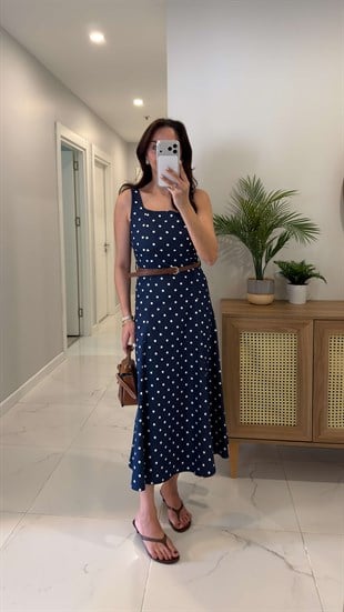 Wusiter Lacivert Puantiyeli Kemer Detaylı Elbise