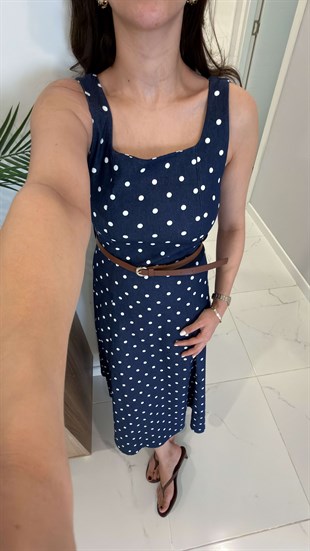 Wusiter Lacivert Puantiyeli Kemer Detaylı Elbise