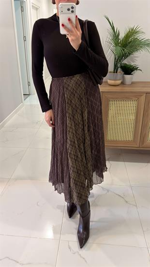Yanidra Yeşil Desenli Astarlı Etek