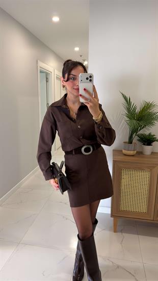 Yanwi Kahve Premium Düğmeli Kemer Detaylı Elbise