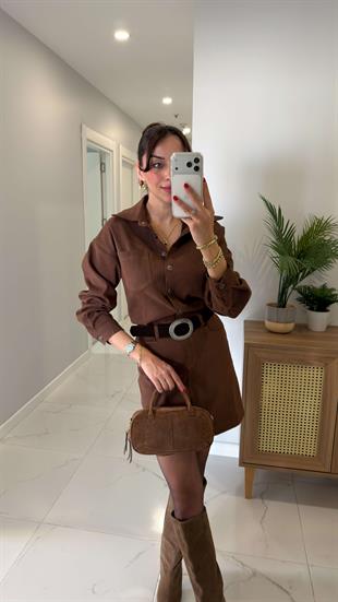 Yanwi Taba Premium Düğmeli Kemer Detaylı Elbise