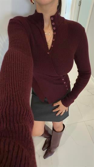 Yegon Bordo Belden Düğmeli Triko