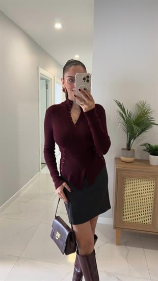 Yegon Bordo Belden Düğmeli Triko