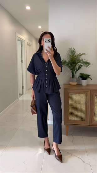 Yelana Dark Blue Belden Oturtmalı Pantolon Yelek Takım
