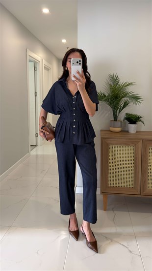 Yelana Dark Blue Belden Oturtmalı Pantolon Yelek Takım