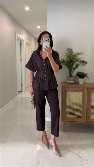 Yelana Kahve Belden Oturtmalı Pantolon Yelek Takım