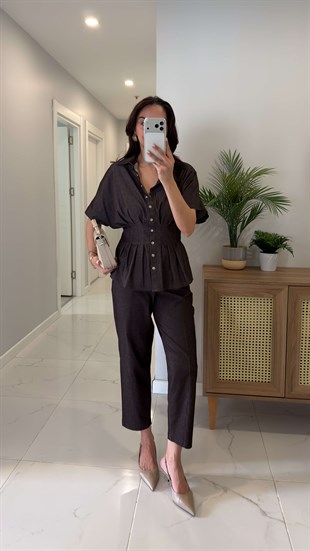 Yelana Kahve Belden Oturtmalı Pantolon Yelek Takım