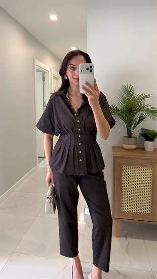 Yelana Kahve Belden Oturtmalı Pantolon Yelek Takım