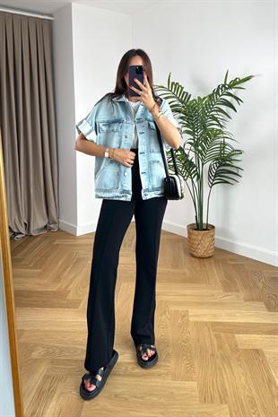 West Buz Mavi Katlı Kol Detaylı Denim Yelek