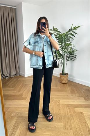 West Buz Mavi Katlı Kol Detaylı Denim Yelek