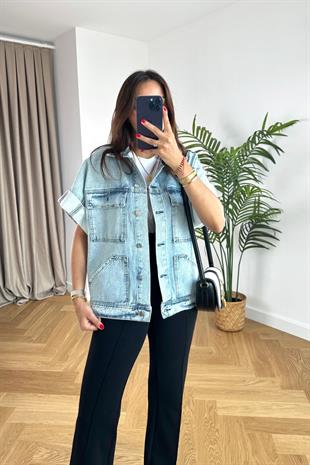 West Buz Mavi Katlı Kol Detaylı Denim Yelek