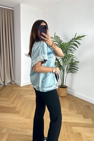 West Buz Mavi Katlı Kol Detaylı Denim Yelek