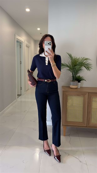 Yelta Dark Blue Ekstra Yüksek Bel Kesik Paça Jean