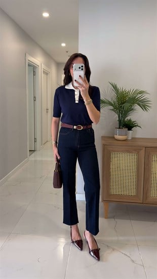 Yelta Dark Blue Ekstra Yüksek Bel Kesik Paça Jean