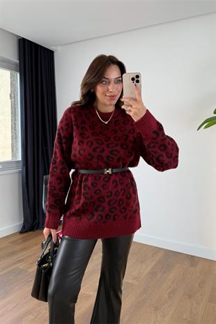 Yena Bordo Siyah Leopar Desenli Triko
